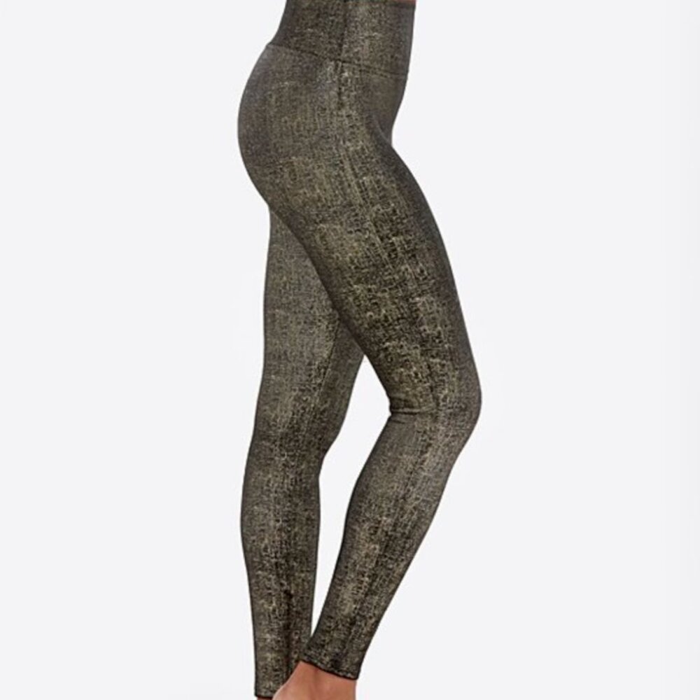 Spanx Velvet Shine Leggings Black Gold Metallic Shimmer High Rise Stretch Sz S